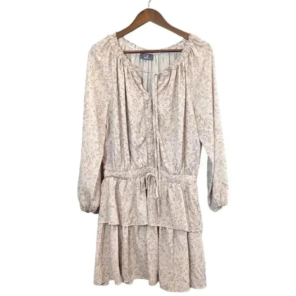 South Boutique Beige Tan Floral Smocked Ruffle Long Sleeve Dress Sz Large